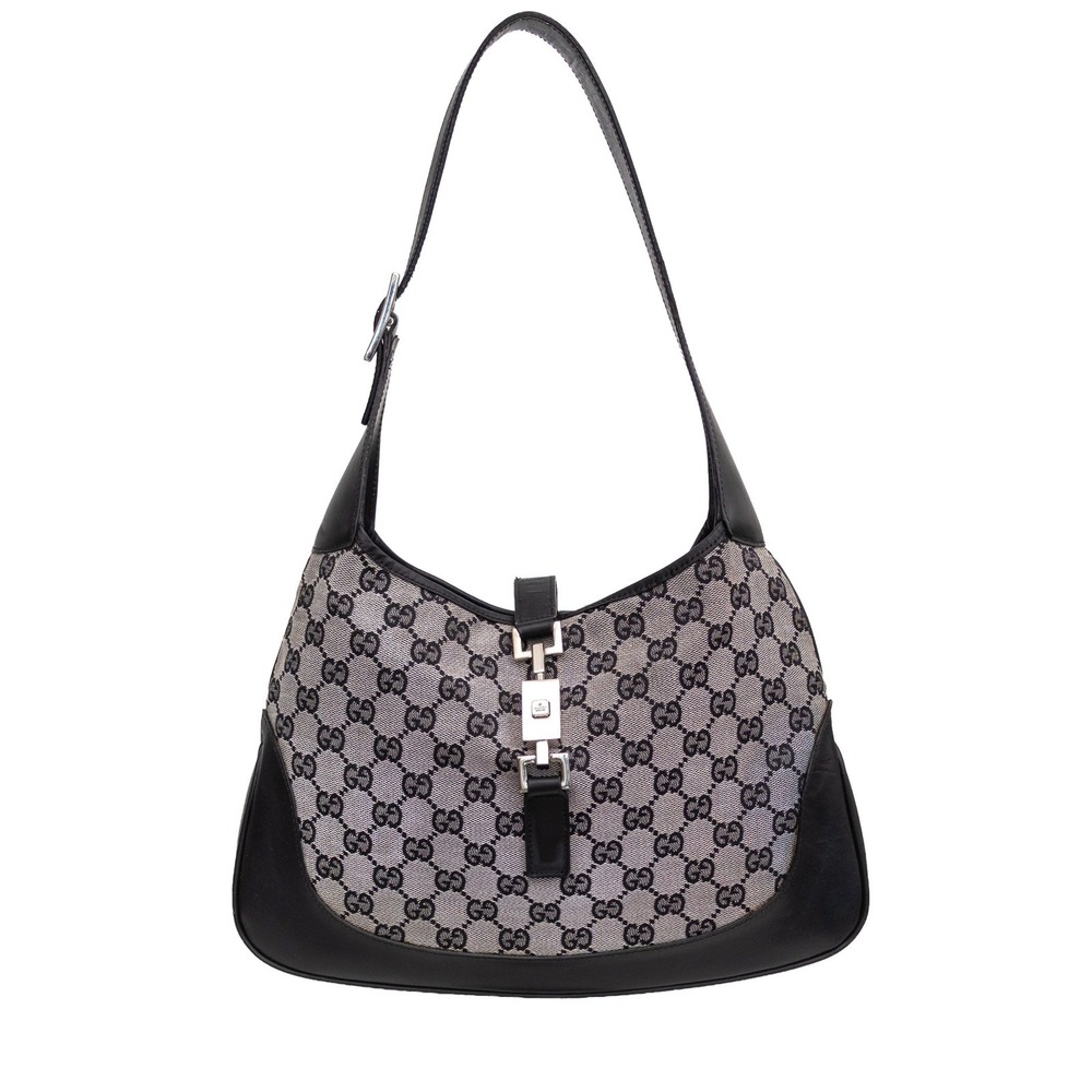 Vintage Gucci Jackie O Hobo Bag GG Monogram Canvas Black Leather 001 3306